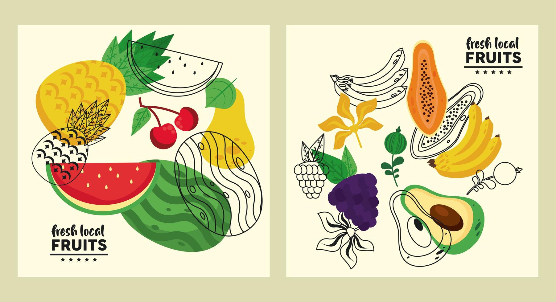 fresh local fruits set of patterns in yellow background vector