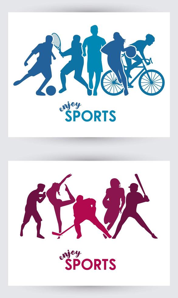 sports time poster with athletes silhouettes frames vector