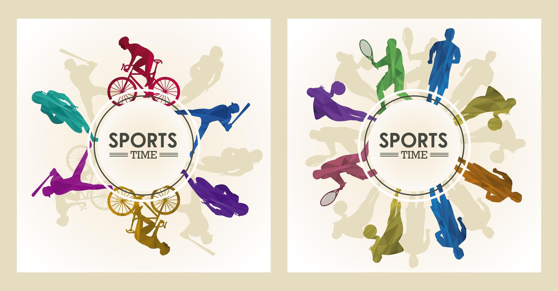 sports time poster with athletes figures in circular frames vector