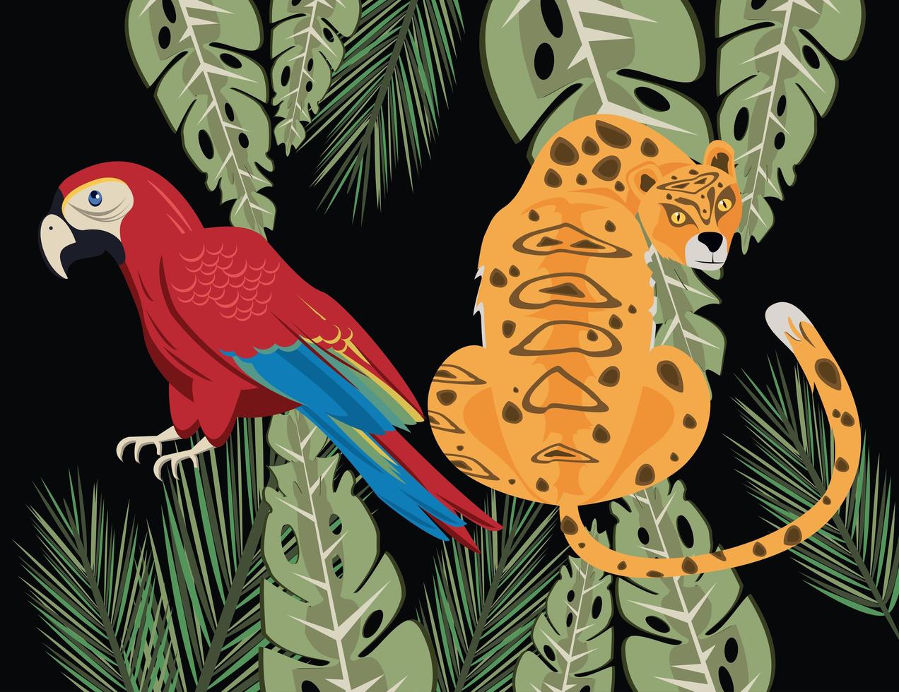 wild leopard and parrot animal in the jungle scene vector