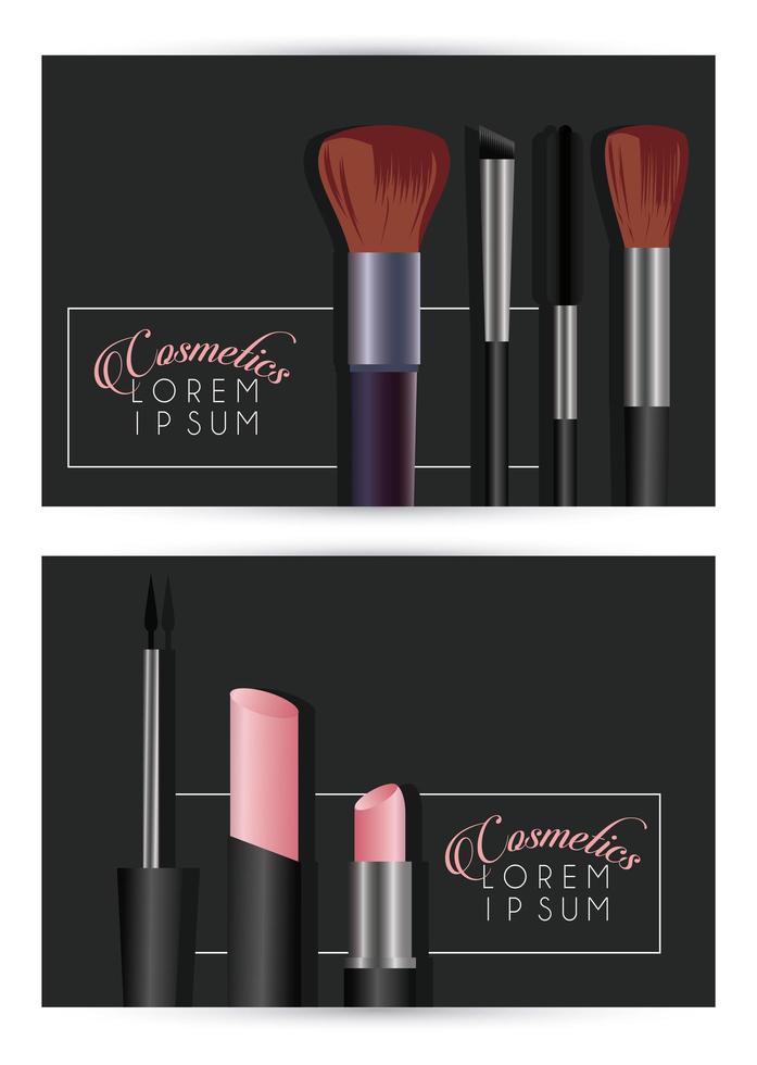 letterings and make up cosmetics in black backgrounds vector