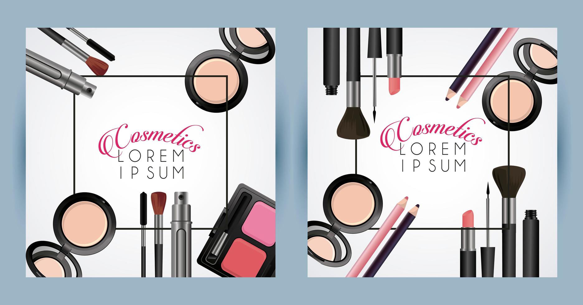 letterings and make up cosmetics squares frames in white backgrounds vector