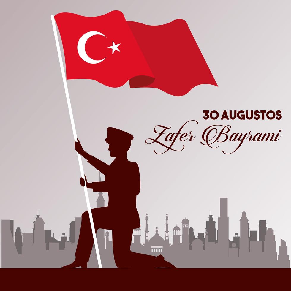 zafer bayrami celebration with soldier and turkey flag vector