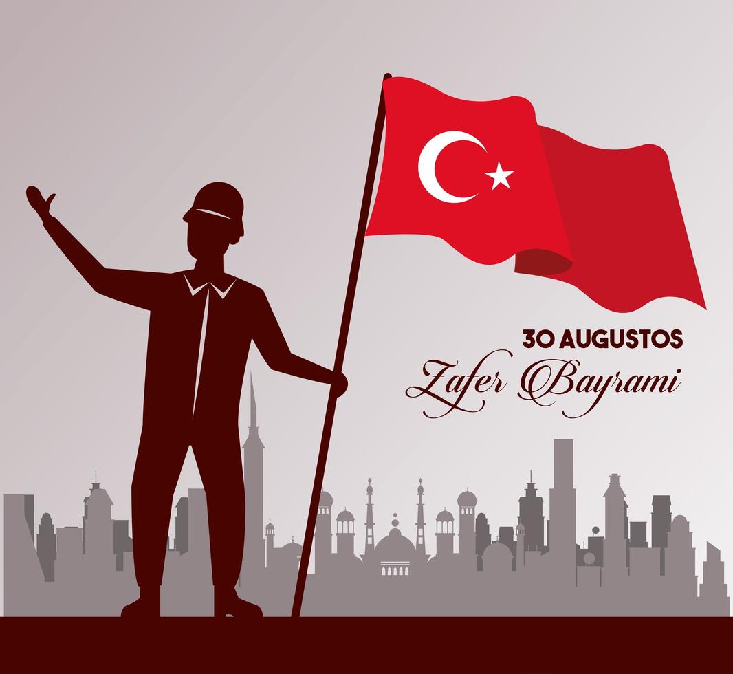 zafer bayrami celebration with soldier and flag on the city vector