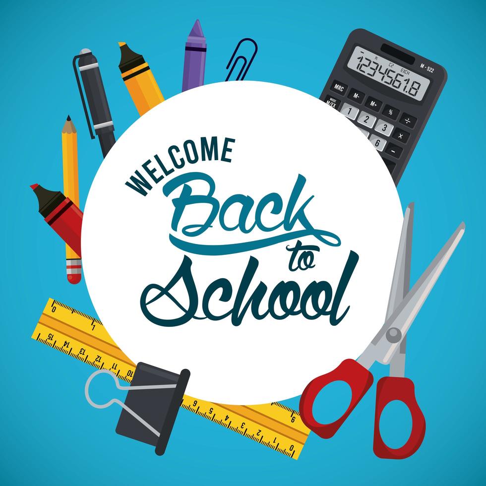 back to school poster with calculator and supplies circular frame vector