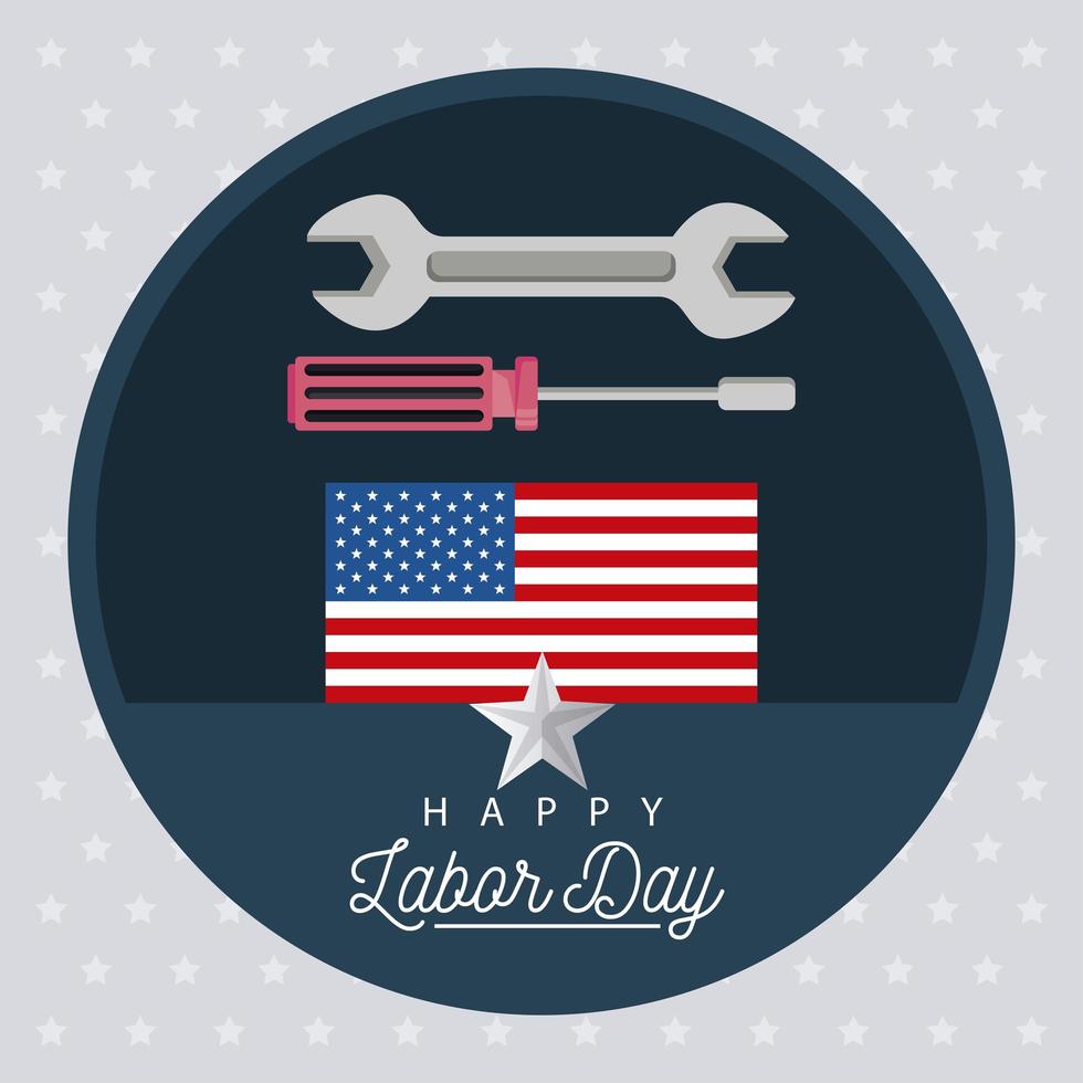 happy labor day celebration with usa flag and tools circular frame vector