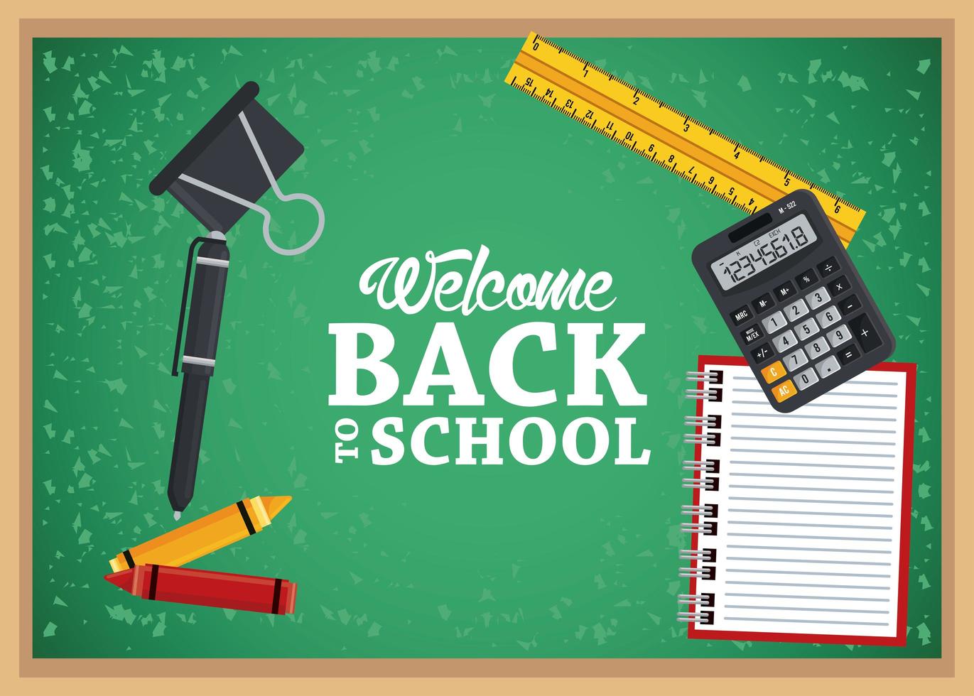 back to school poster with calculator and supplies in chalkboard