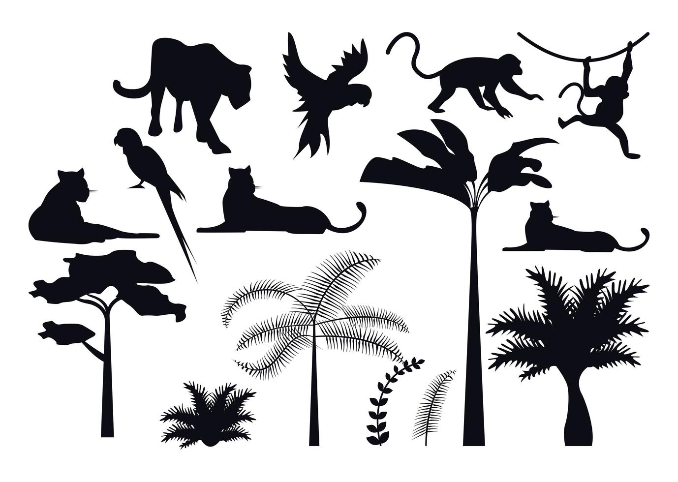 Paquete de siluetas de plantas y animales de la selva. vector