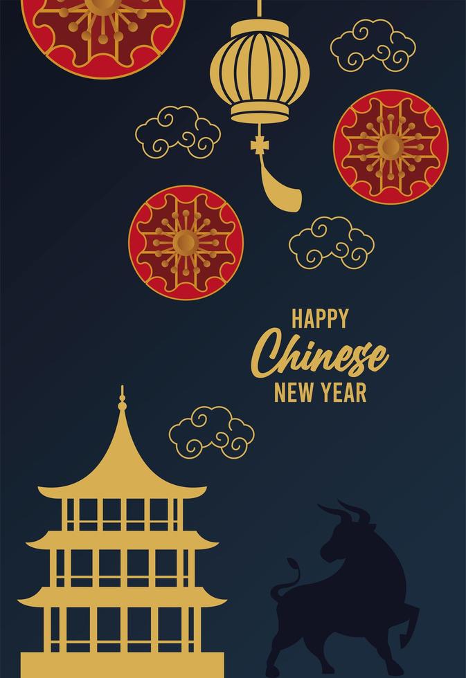 happy chinese new year lettering card with ox silhouette and castle vector