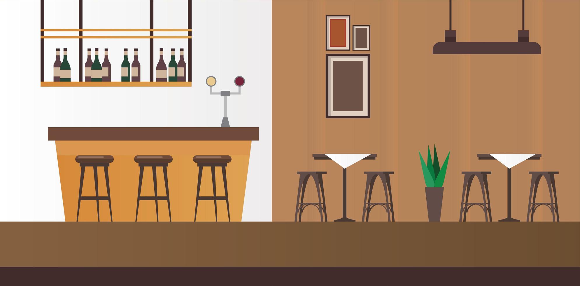 elegant tables and chairs with bar restaurant scene vector