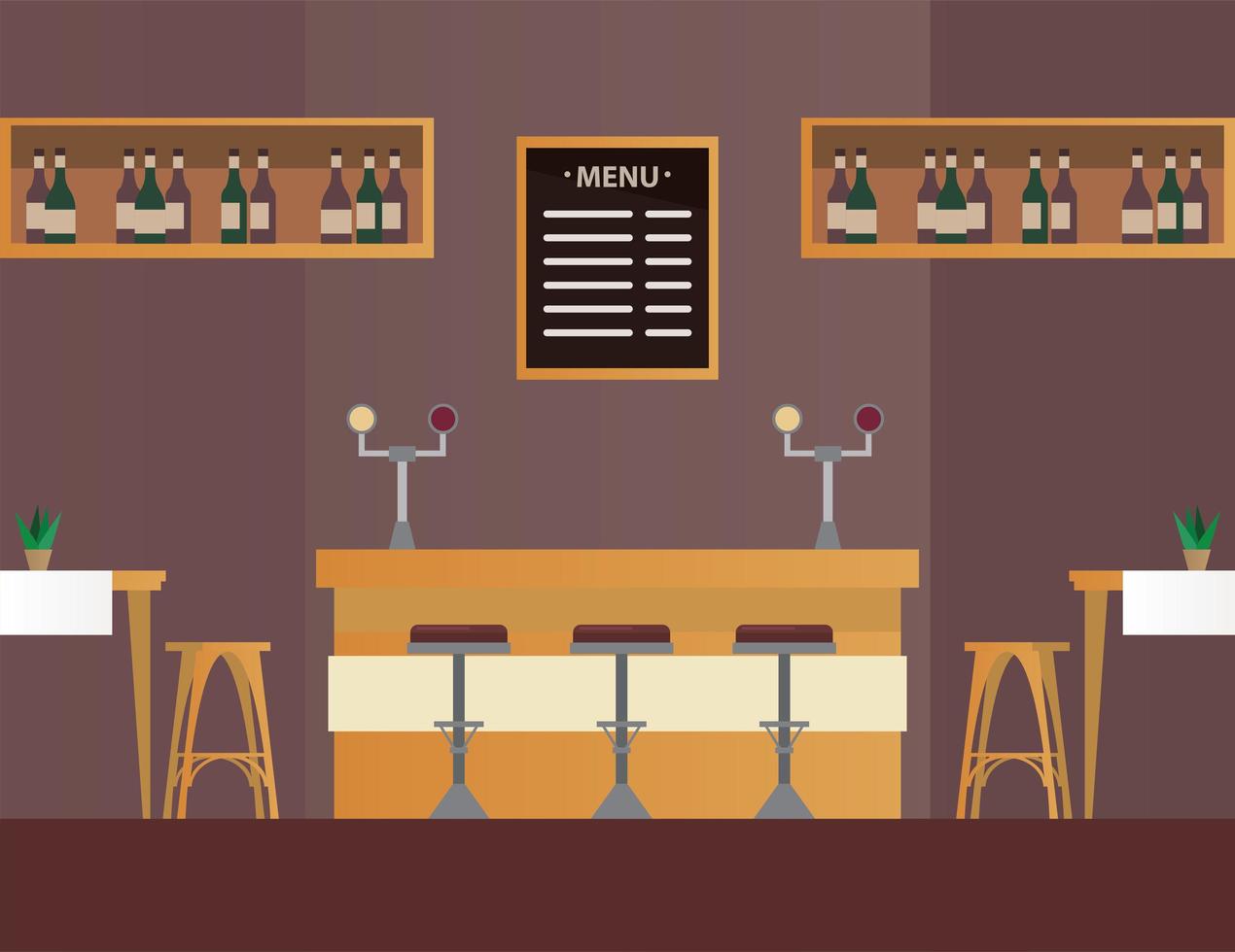 tables and chairs with bar in restaurant forniture scene vector