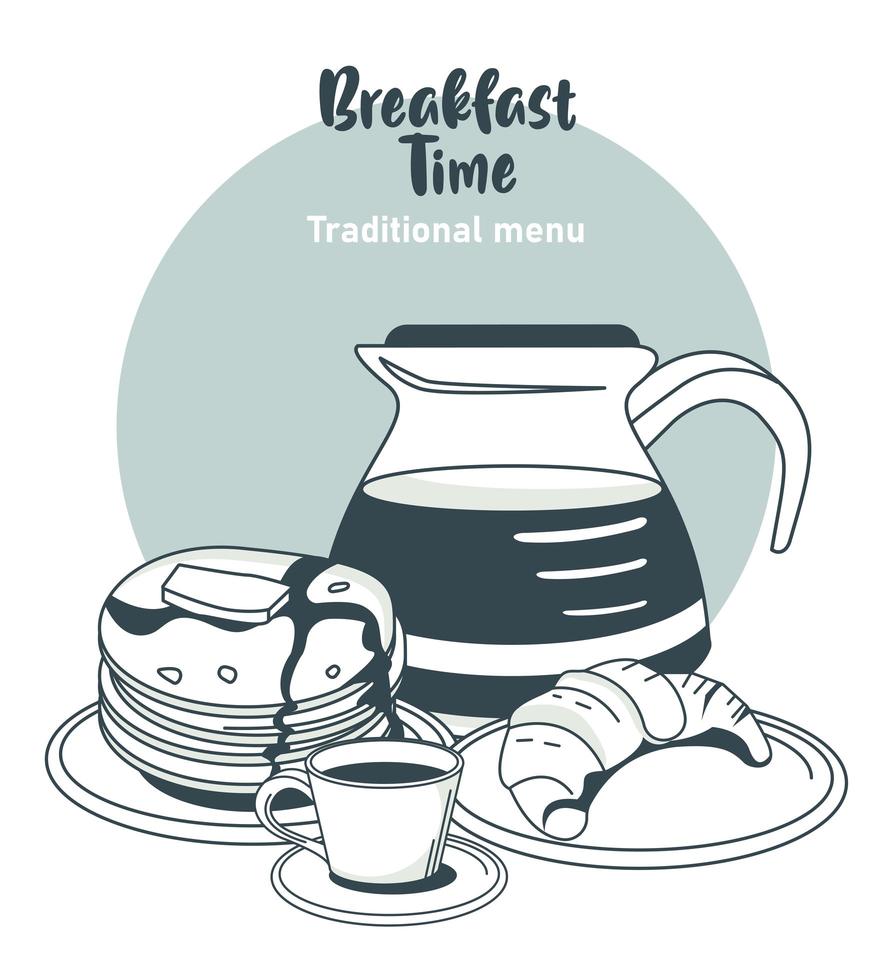 Cartel de letras de la hora del desayuno con café e ingredientes vector