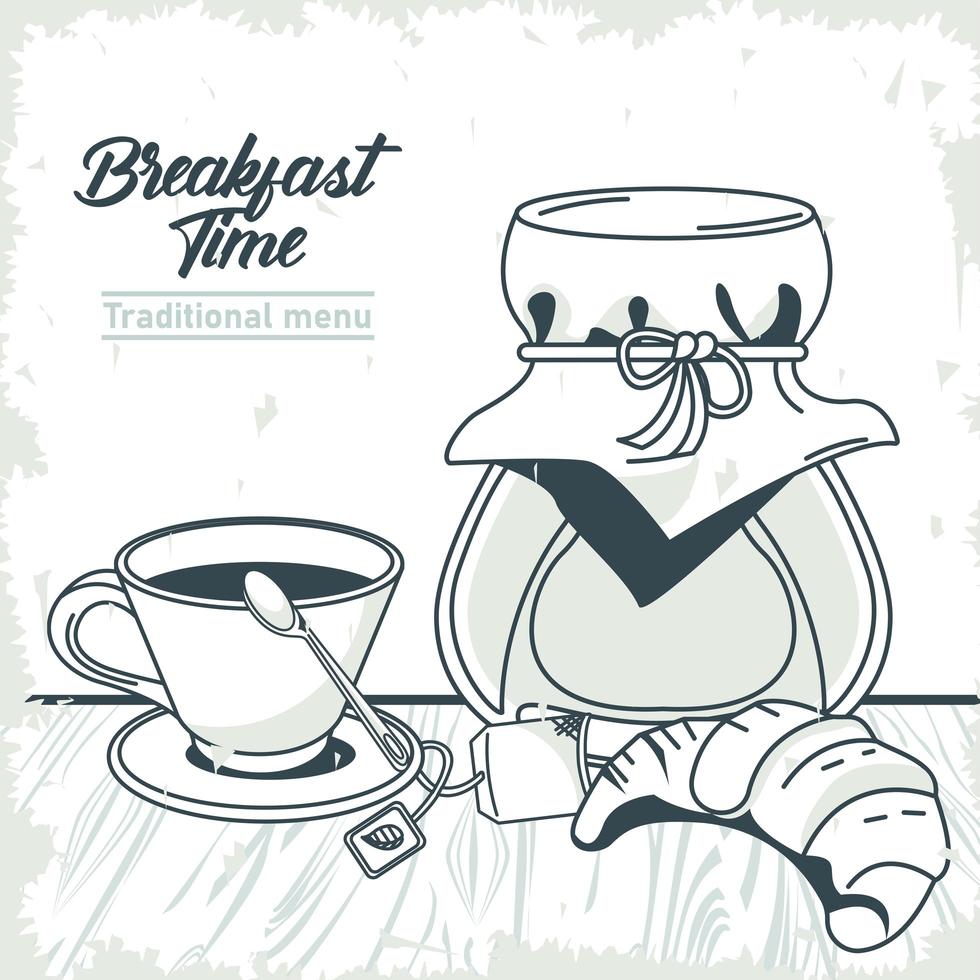 breakfast time lettering poster with croissant and coffee vector