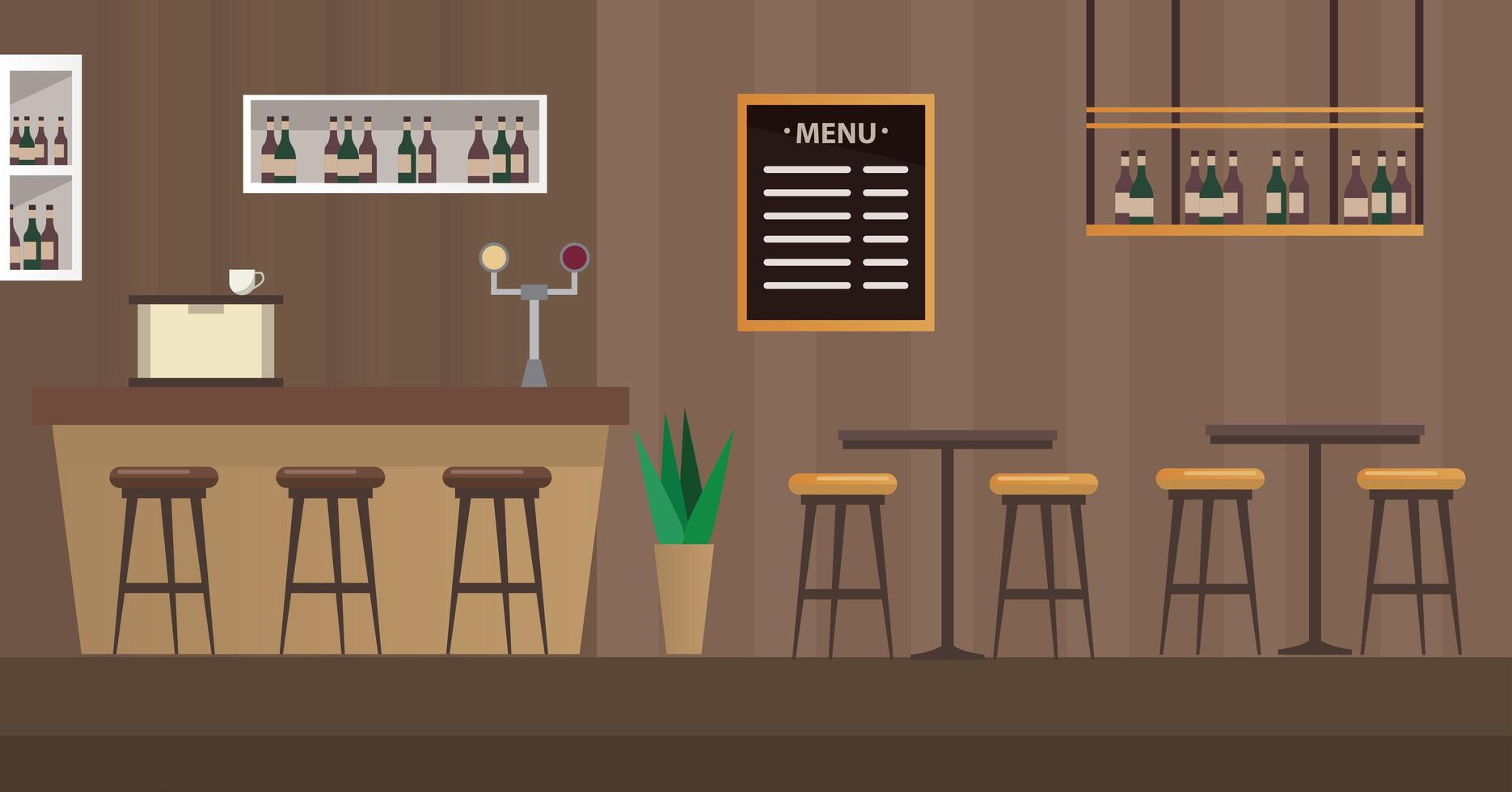 Mesas y sillas con escena de bar restaurante. vector