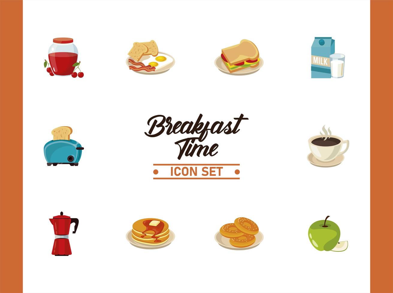 breakfast time lettering poster with bundle of ten ingredients vector