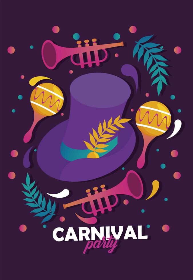 Celebración de la fiesta de carnaval de Mardi Gras con sombrero e instrumentos vector