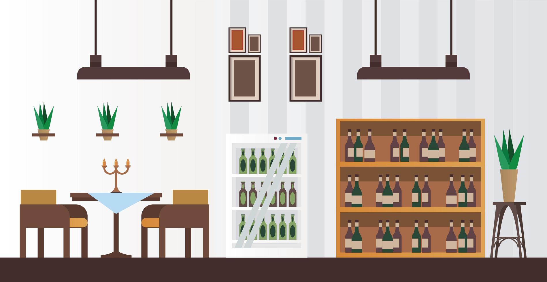 elegant table and chairs with wine bottles in shelving restaurant forniture scene vector