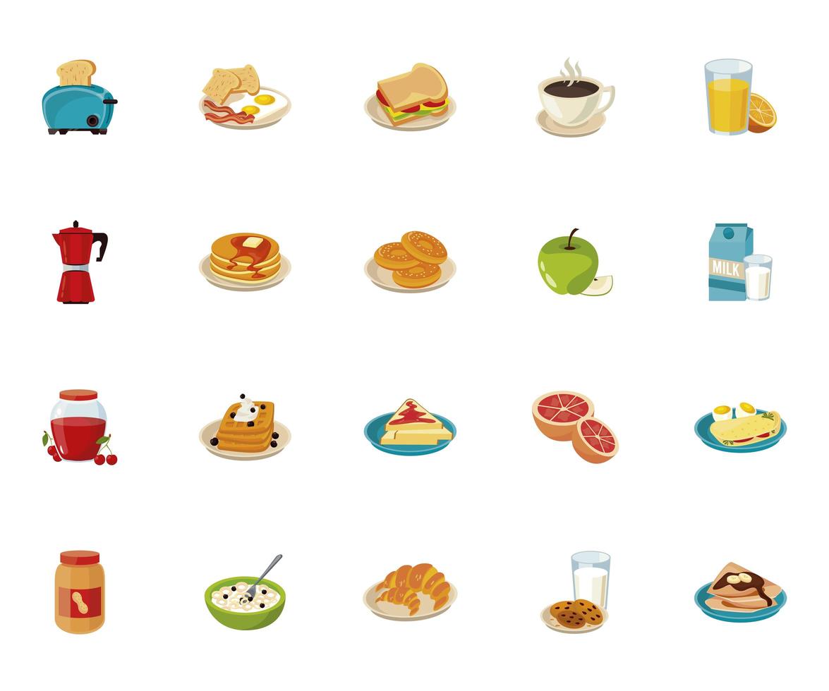 bundle of twenty breakfast ingredients set icons vector