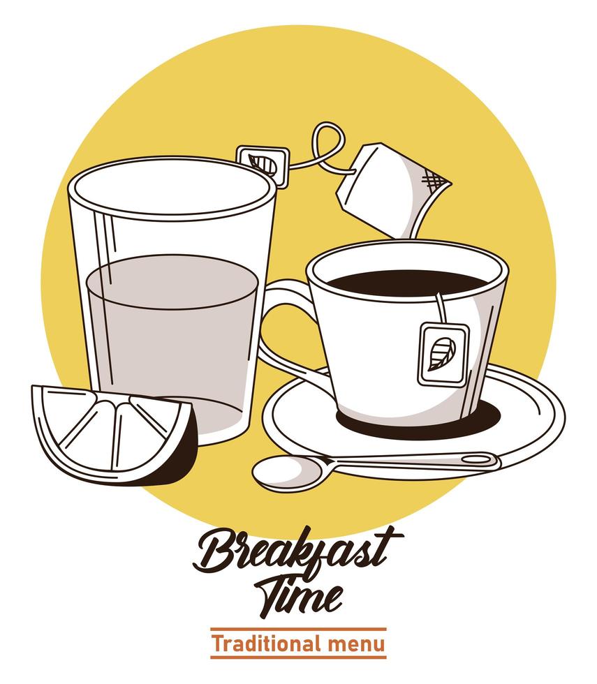 breakfast time lettering poster with orange juice and coffee vector