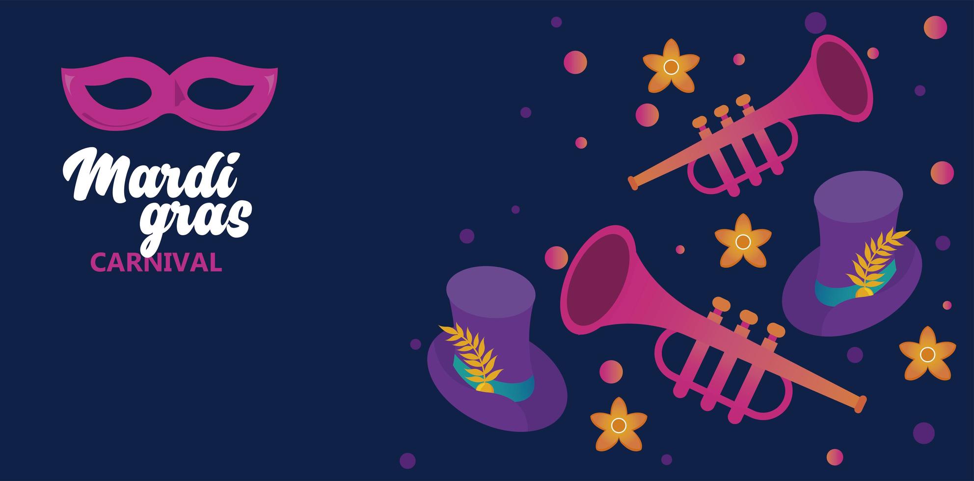 Celebración de la fiesta de carnaval de Mardi Gras con sombreros y trompetas vector