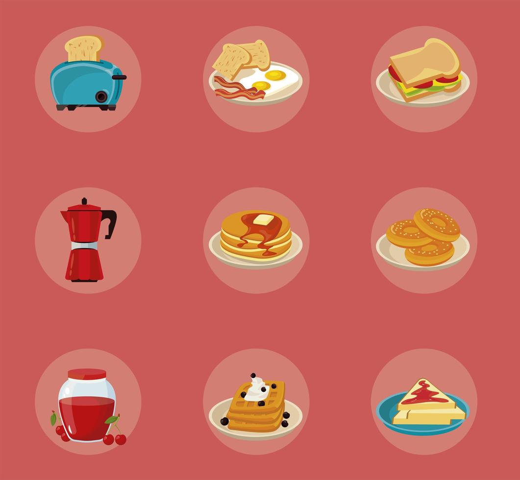 bundle of nine breakfast ingredients set icons vector