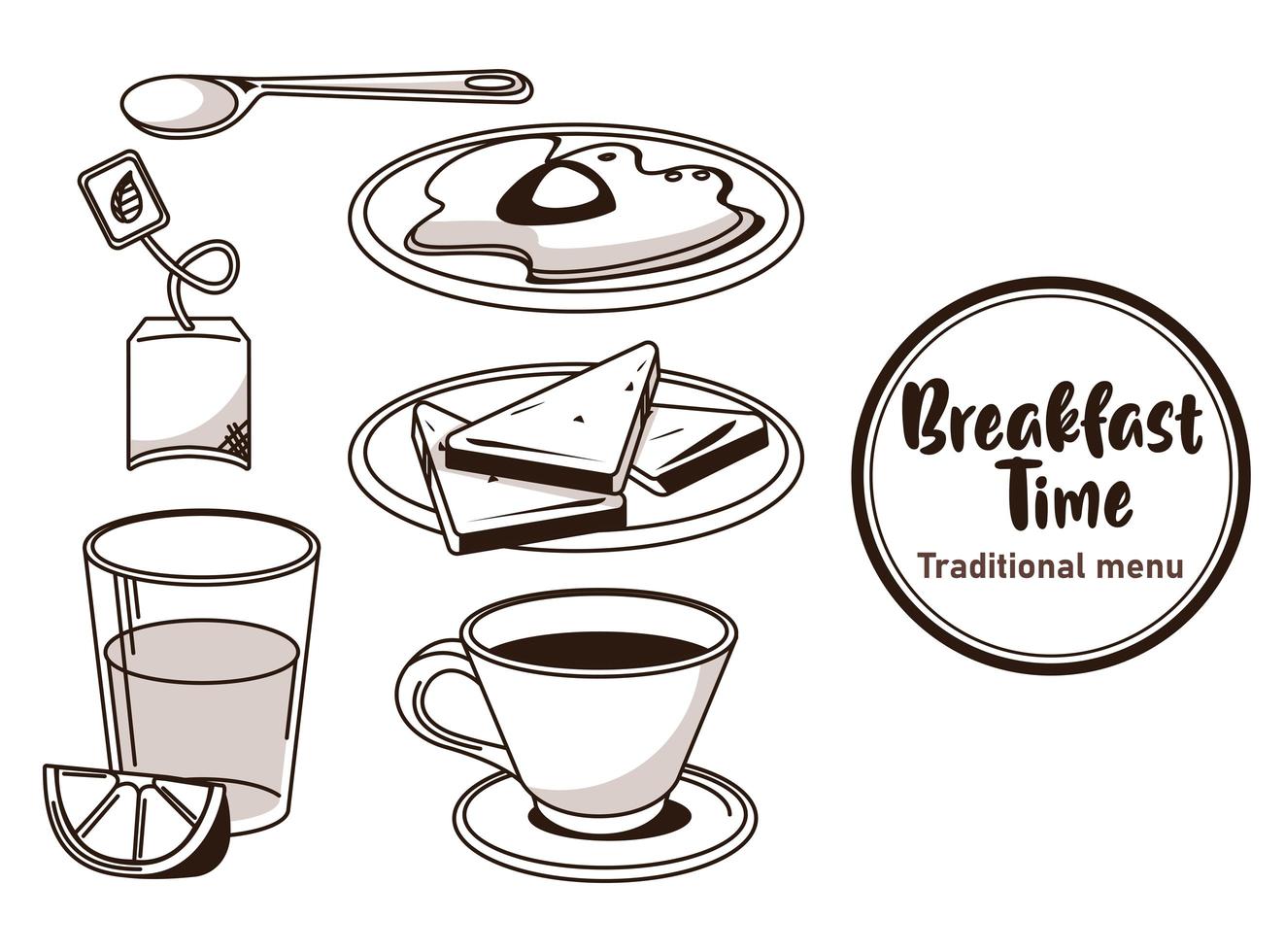 breakfast time lettering in circular frame poster with bundle ingredients vector