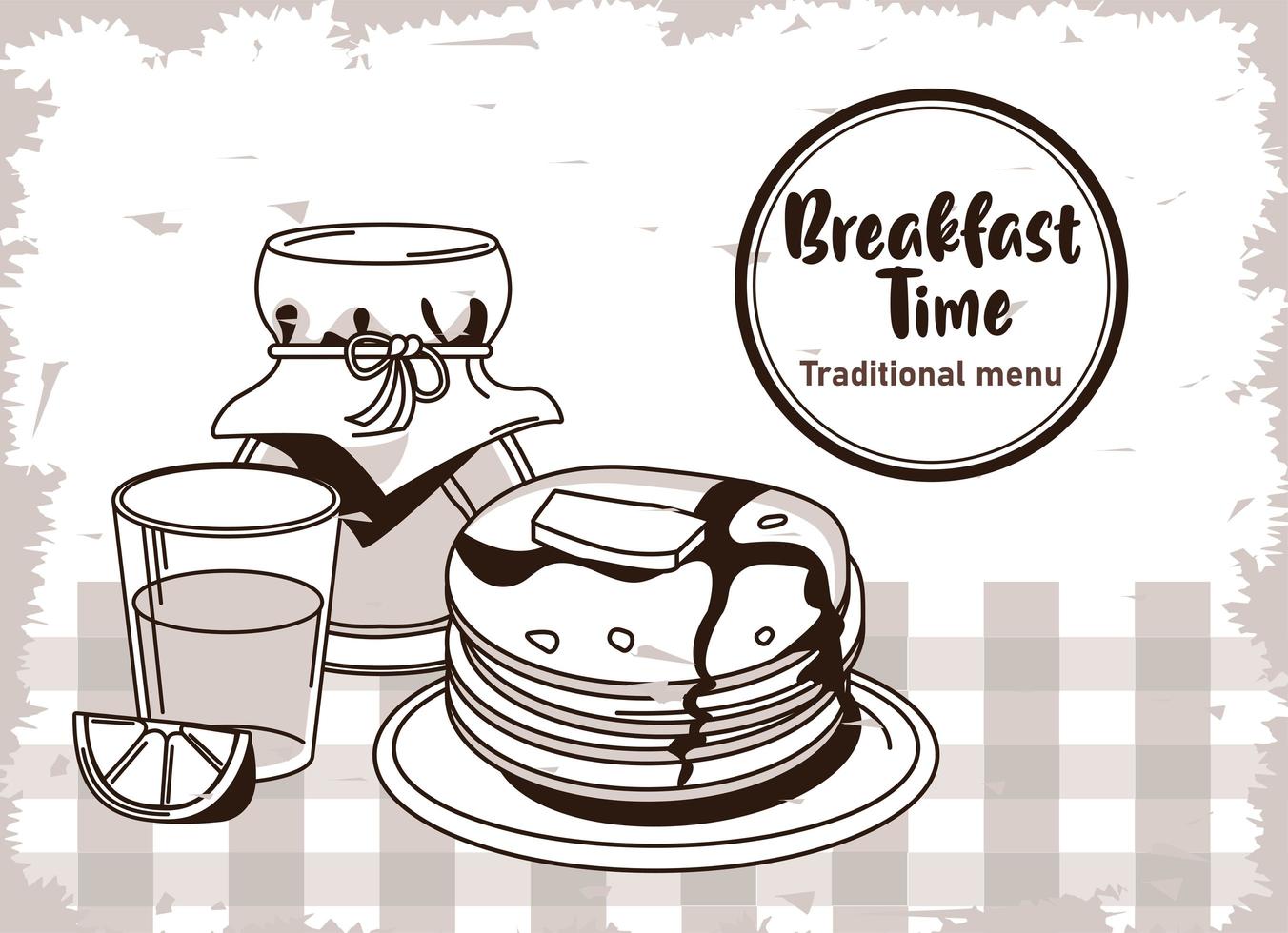 Letras de la hora del desayuno en un cartel de marco circular con jugo de naranja y panqueques vector