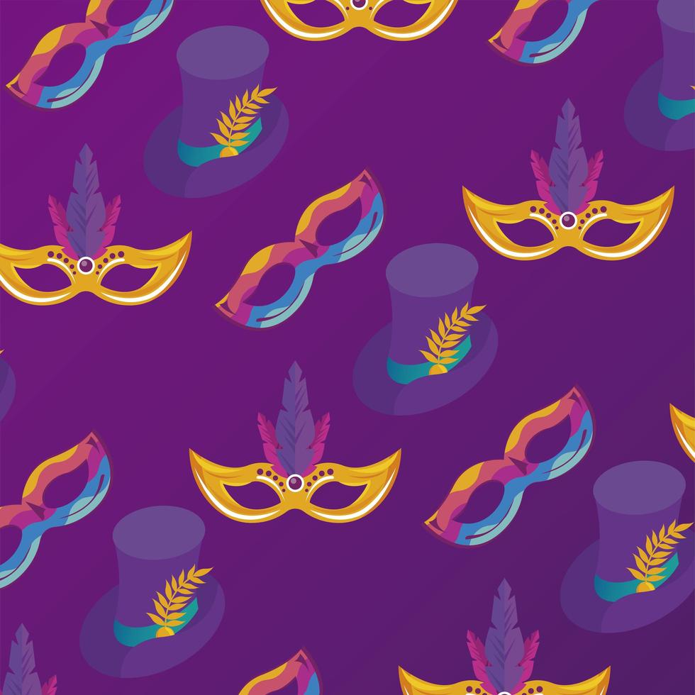 mardi gras carnival celebration with masks and tophats pattern vector