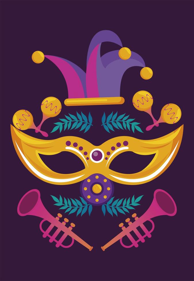 Celebración de la fiesta de carnaval de Mardi Gras con sombrero de bufón y trompetas vector