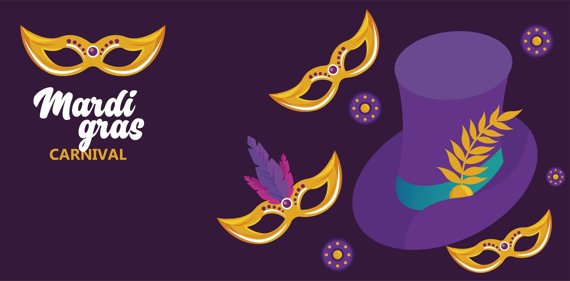 Celebración de la fiesta de carnaval de Mardi Gras con máscaras y sombrero de copa vector