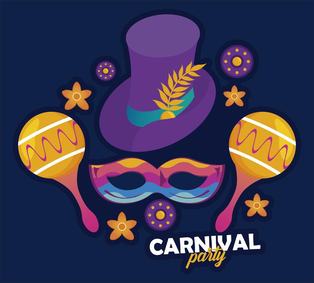 Celebración de la fiesta de carnaval de Mardi Gras con maracas y sombrero de copa vector