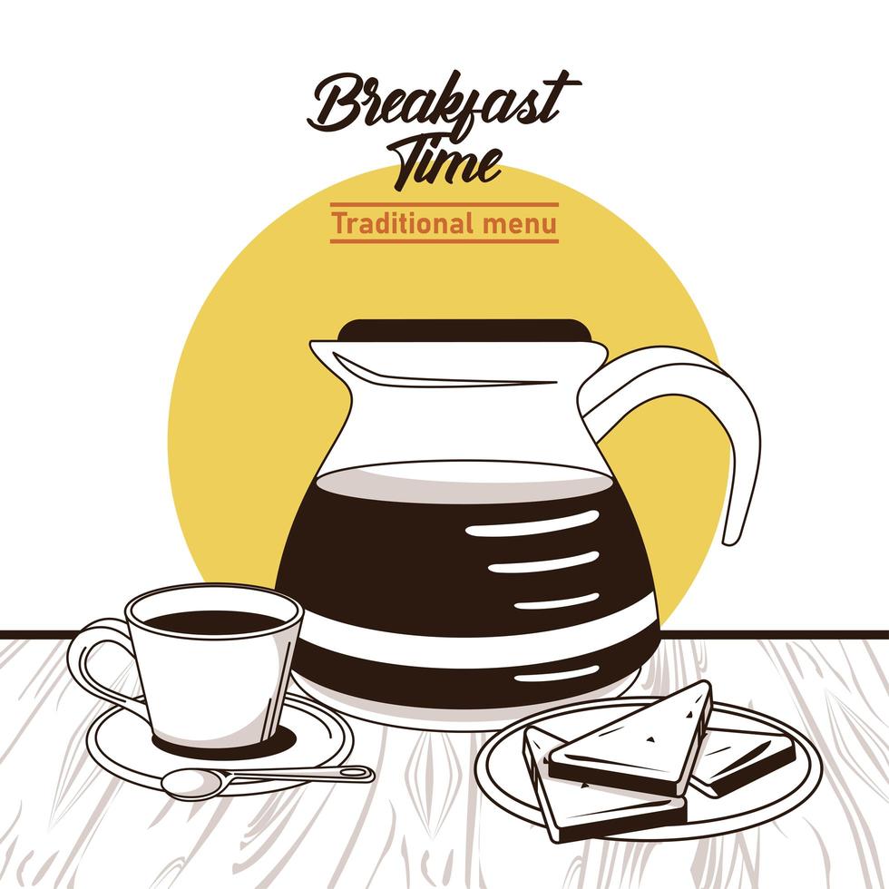 breakfast time lettering poster with coffee jar and cup vector