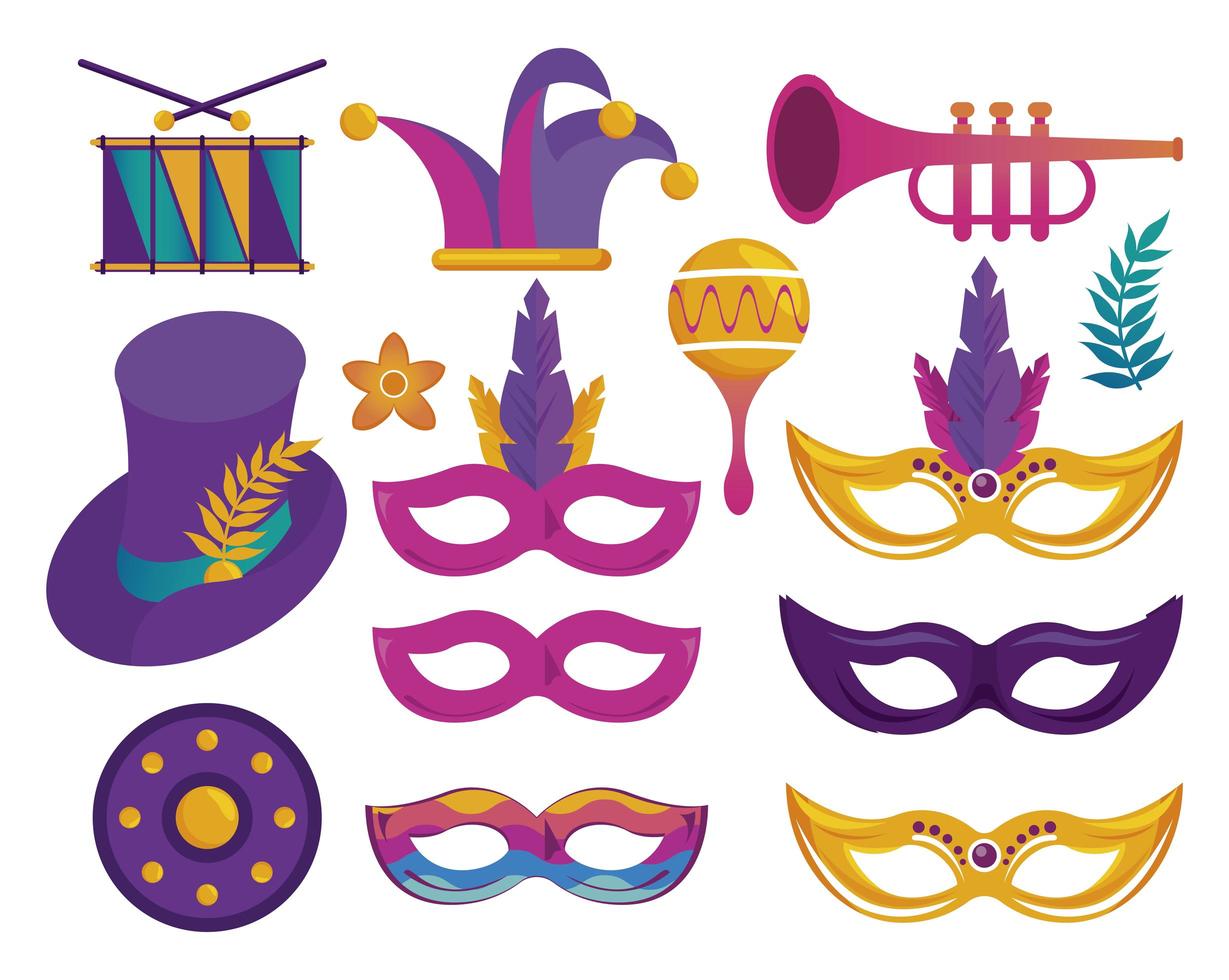 paquete de iconos de celebración de fiesta de carnaval de mardi gras vector