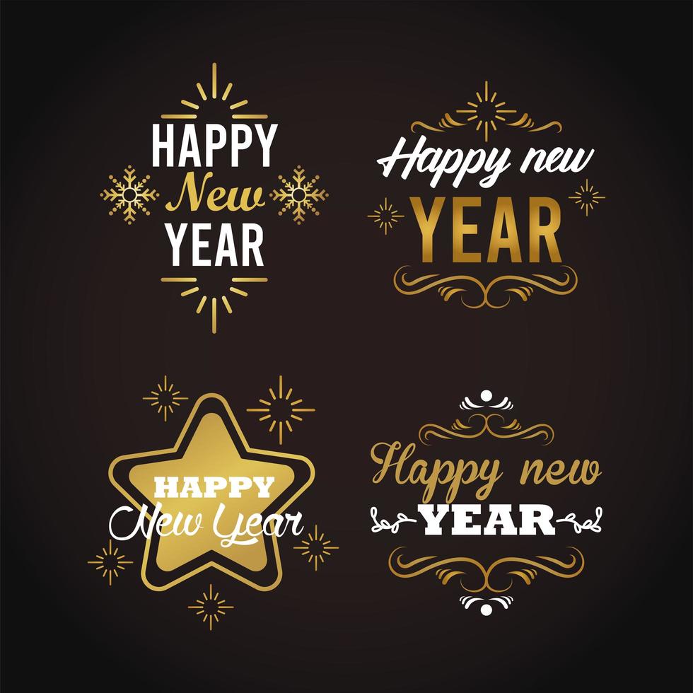 happy new year lettering card with four letterings in black background vector