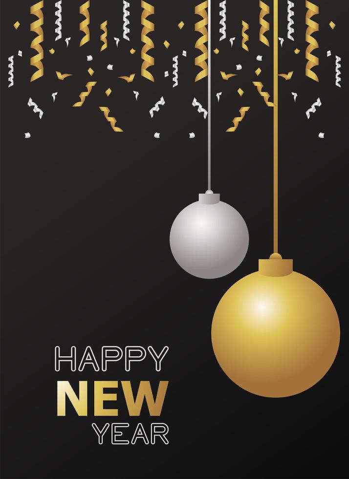 tarjeta de feliz año nuevo con bolas doradas y plateadas vector