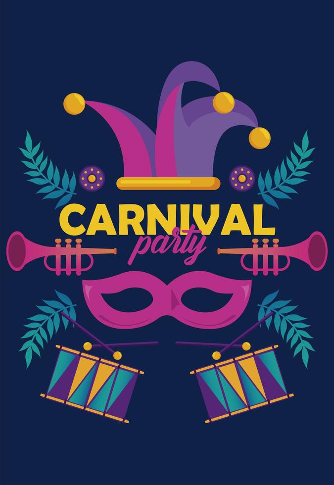mardi gras carnival party celebration with instruments and jester hat vector