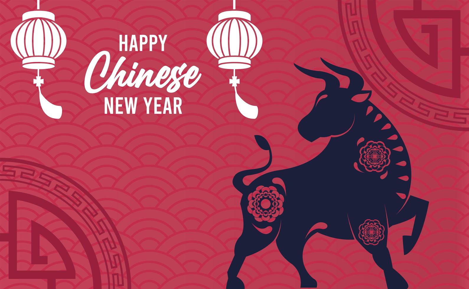 happy chinese new year lettering card with ox and lanterns vector