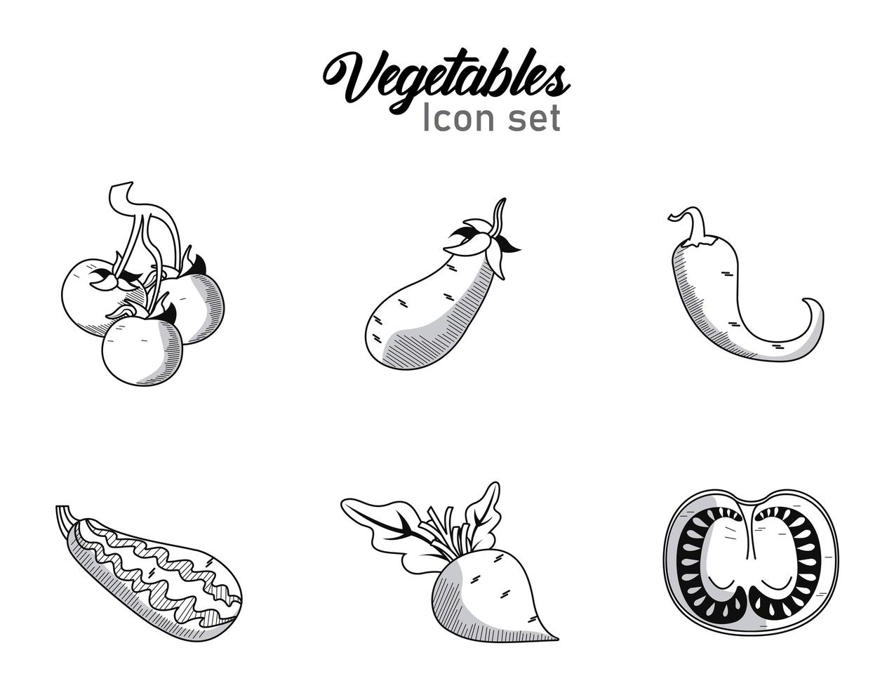 bundle of six vegetables with lettering set icons vector