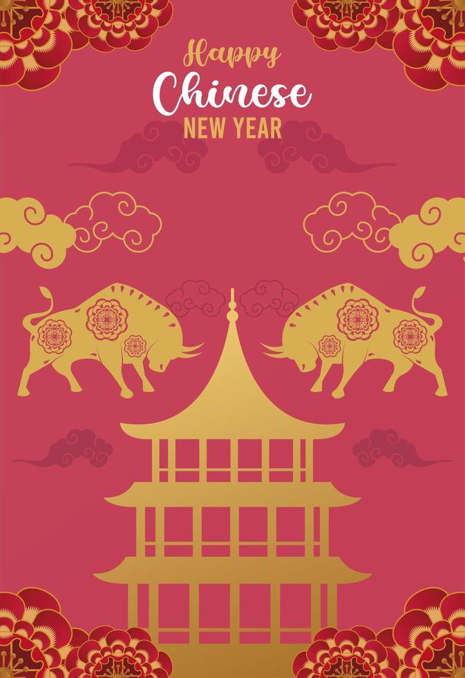 happy chinese new year lettering card with golden oxen and castle silhouettes vector