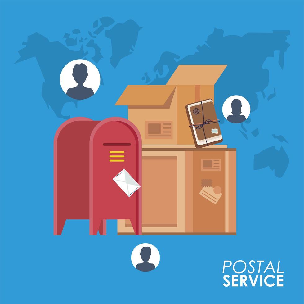 cajas embalajes y buzón de correo con personas servicio postal vector