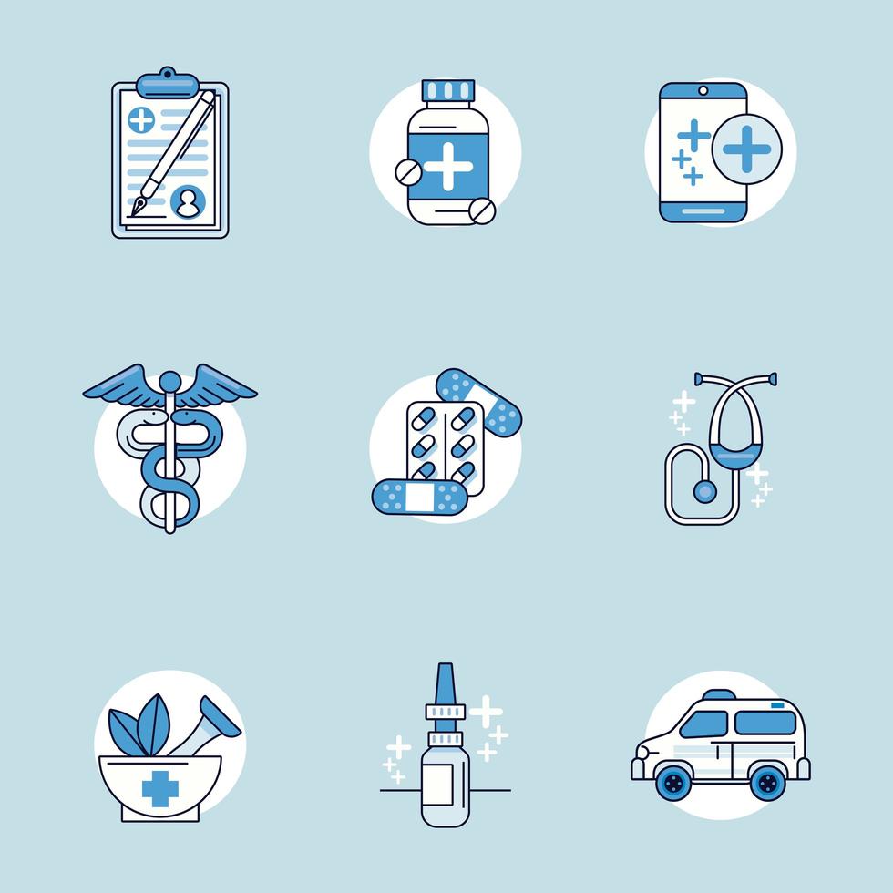 bundle of nine medical health set icons vector