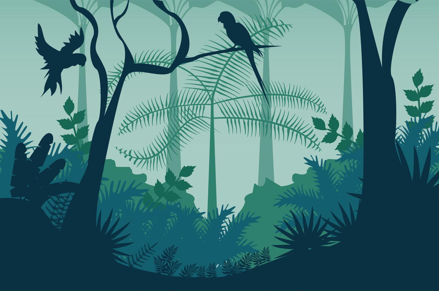 jungle wild nature blue landscape with parrots flying scene vector