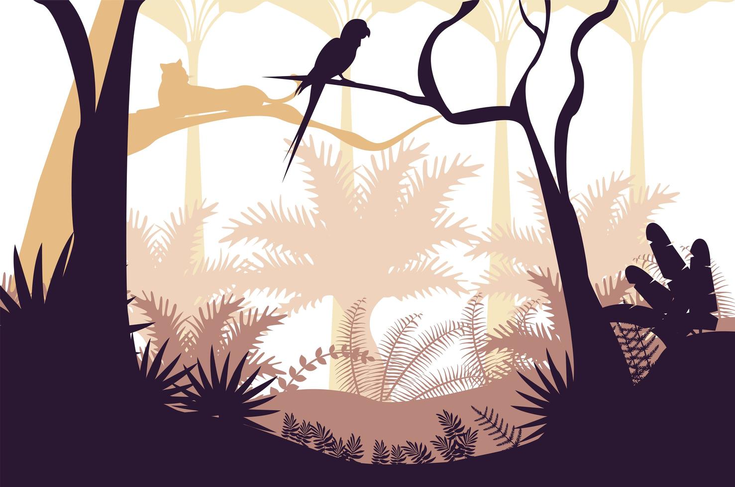 jungle wild nature sunset landscape with parrot scene 2463617 Vector