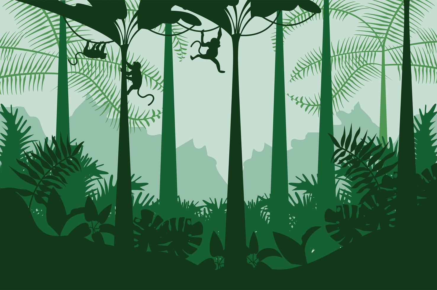 jungla salvaje naturaleza color verde paisaje con monos escena vector