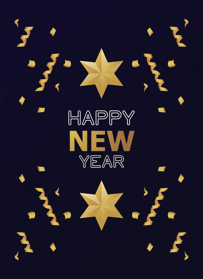 happy new year card with golden stars and confetti vector