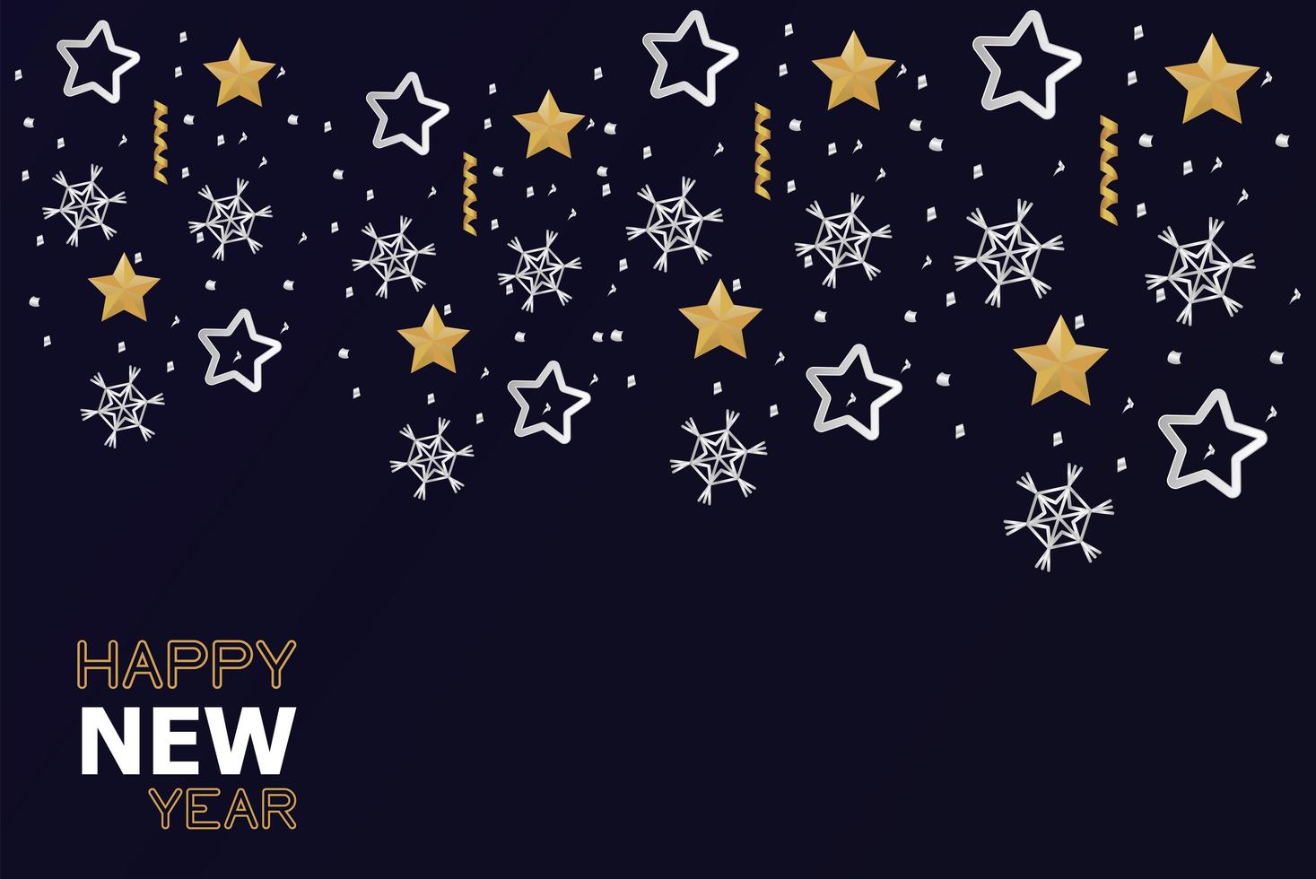 tarjeta de feliz año nuevo con estrellas doradas y plateadas vector