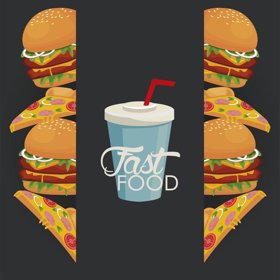 hamburguesas y porciones de pizza con refresco delicioso icono de comida rápida vector