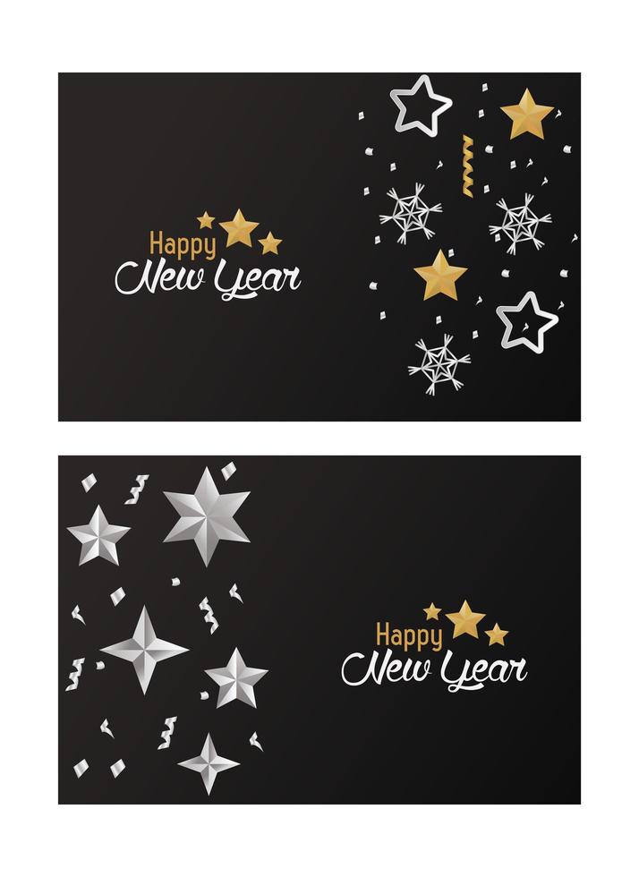tarjetas de feliz año nuevo con estrellas plateadas y copos de nieve vector