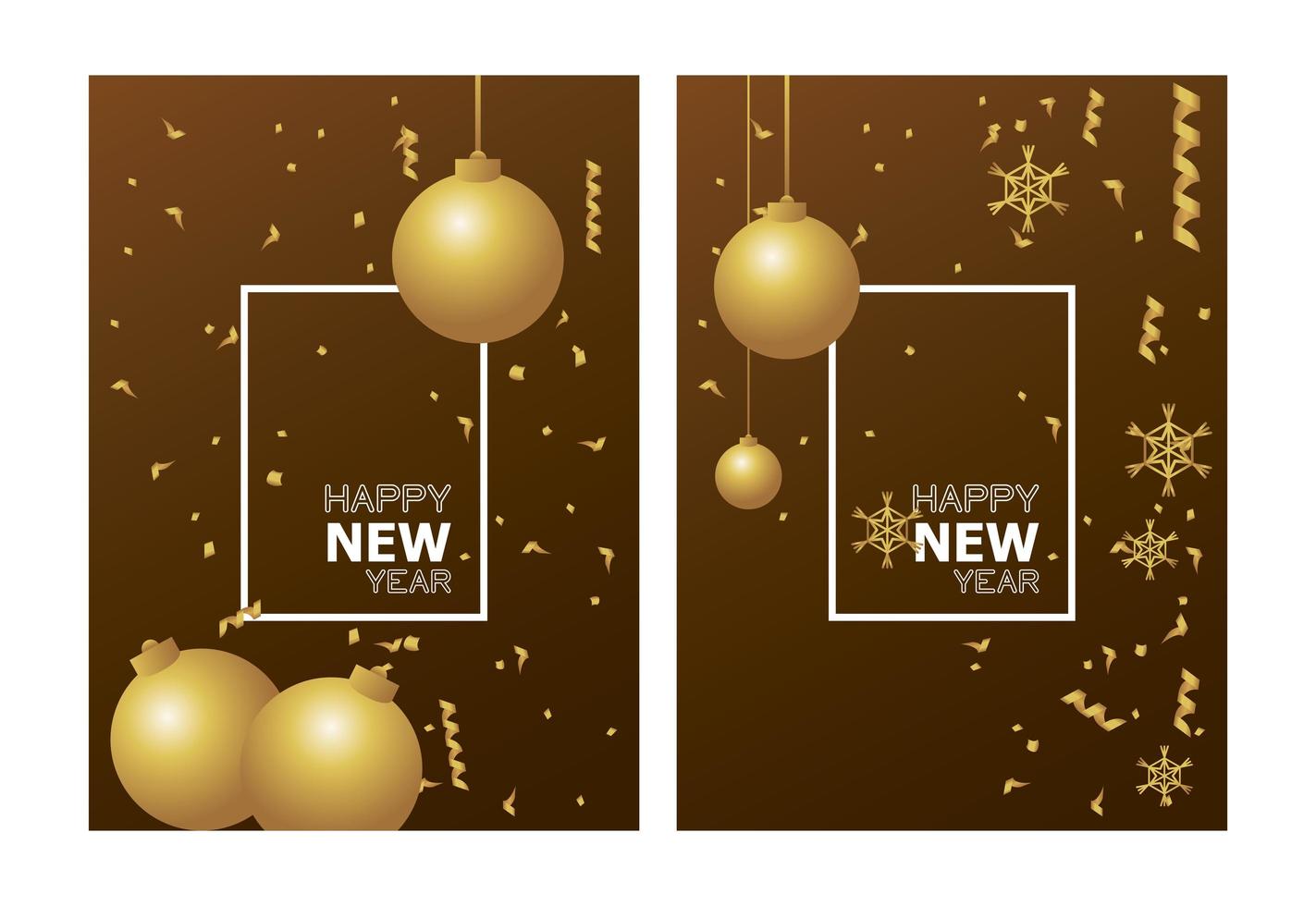 tarjeta de feliz año nuevo con bolas doradas en marcos cuadrados vector