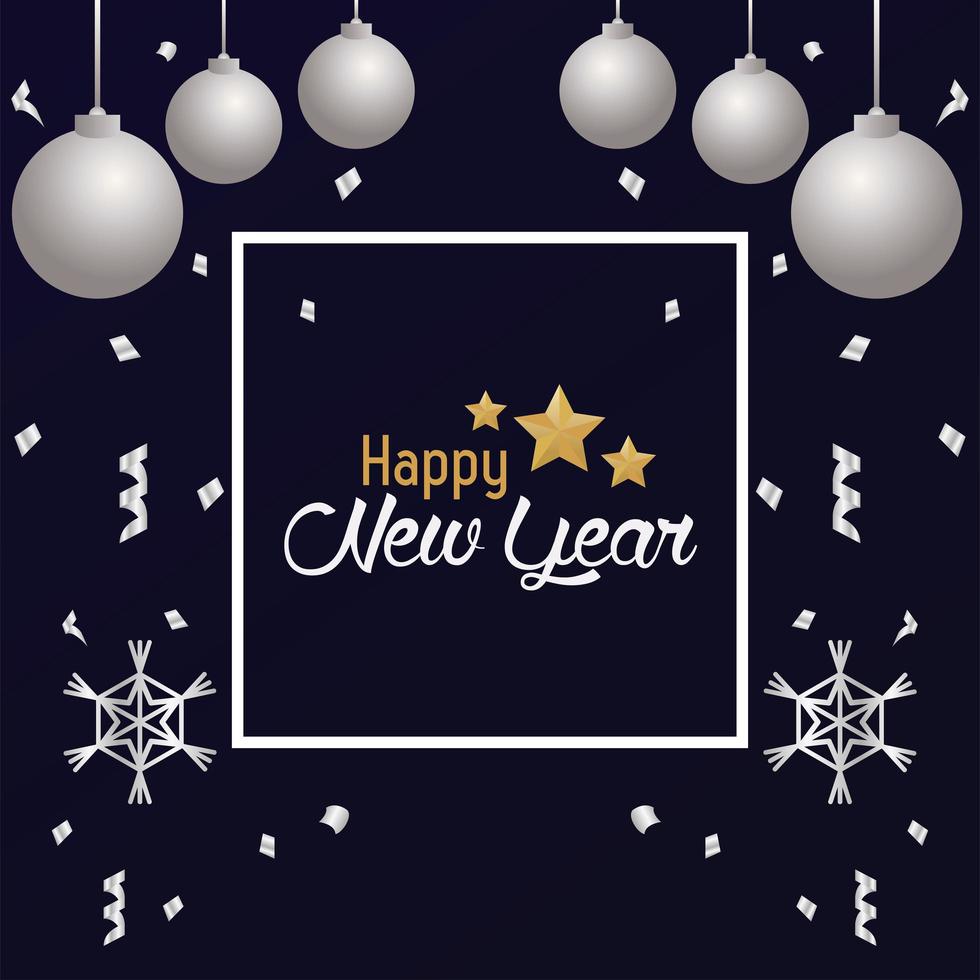 Tarjeta de feliz año nuevo con bolas plateadas y copos de nieve en marco cuadrado vector